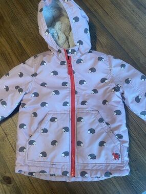 Mini Boden Light Pink Hooded Puffer Jacket with Hedgehog Print
